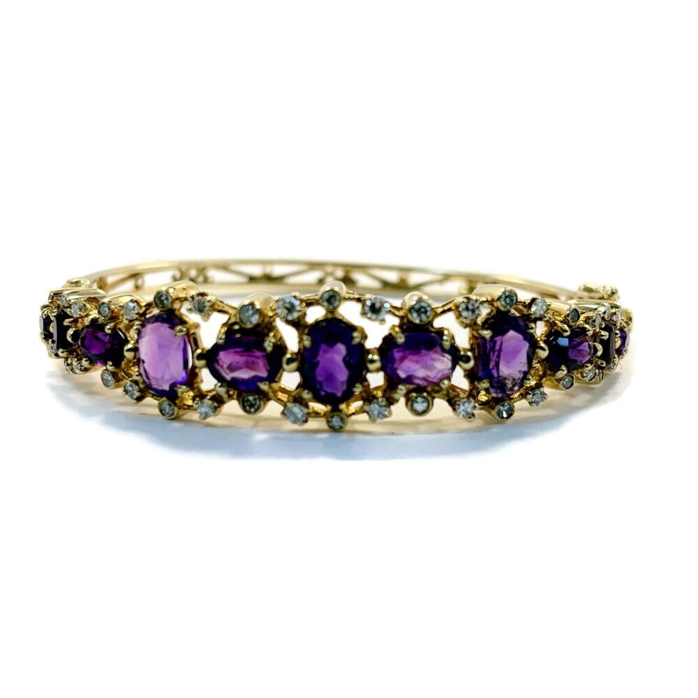 Amethyst Bracelet Diamonds 14K Yellow Gold: Hinged Bangle Vintage - Picture 2 of 14